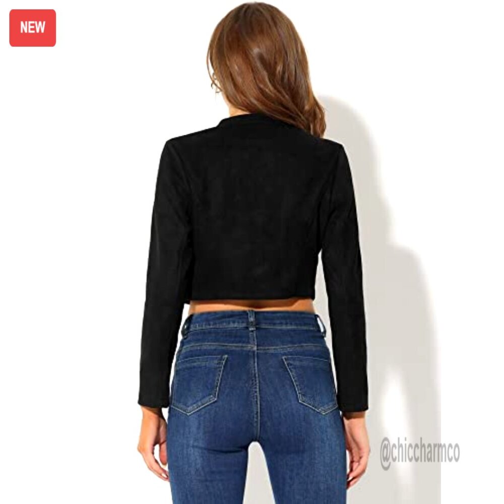 Cropped Faux Suede Jacket Double Breasted Zip Up Vintage Moto Style - Picture 2 of 5